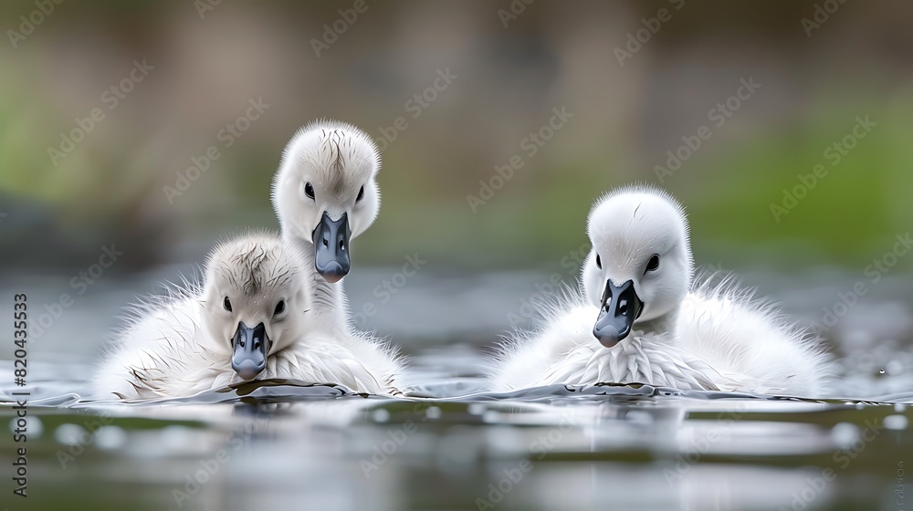 Adorable baby swans paddling clumsily on a pond, their fluffy feathers and graceful necks making them endearing.