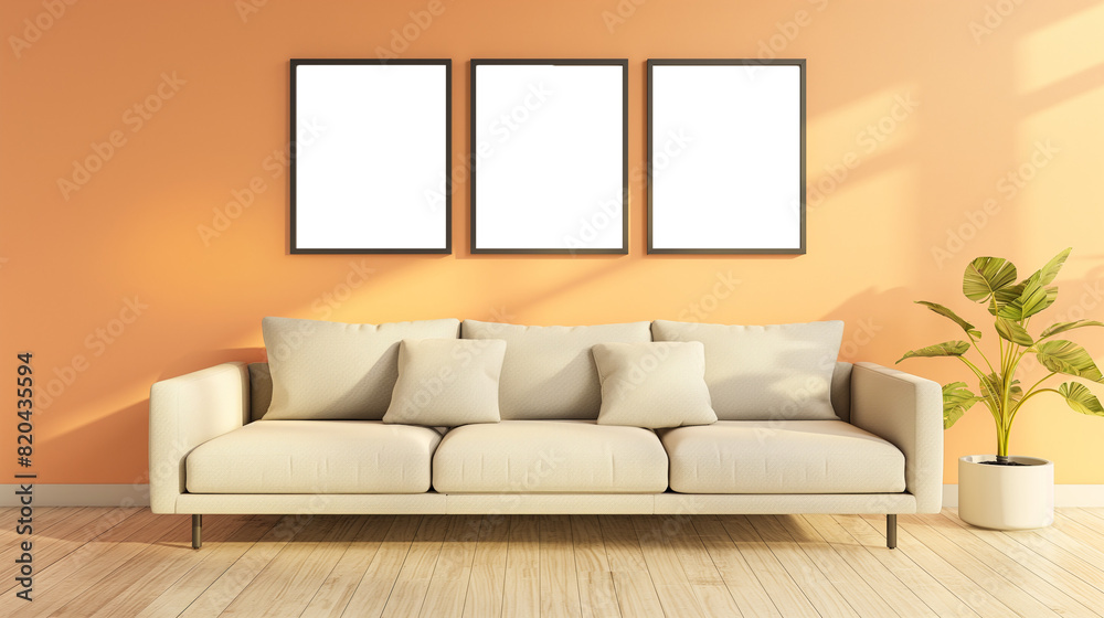 Living room interior design inspiration with empty poster frames on orange walls and a comfortable sofa Living room interior design inspiration with empty poster frames on orange walls and a comfortable sofa
