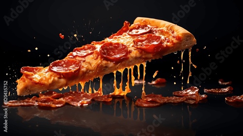 A hot pizza slice with dripping melted cheese. Generative AI