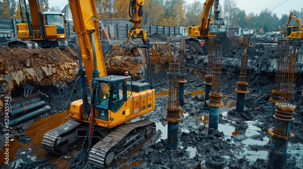 Equipment of bored piles with pipes Foundations and grounds Drilling in the ground, bored pile drilling machine technology at the construction site, machinery for pile driving