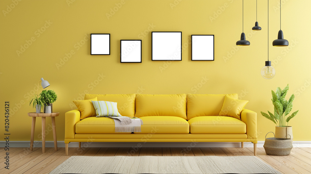 Fototapeta premium Living room interior design inspiration with empty poster frames on yellow walls and a comfortable yellow sofa