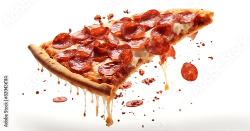 A hot pizza slice with dripping melted cheese. Generative AI
