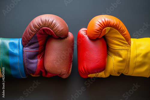 LGBT concept. Close-up of colorful boxing gloves facing each other, symbolizing competition, challenge, and determination, set against a dark background. 
