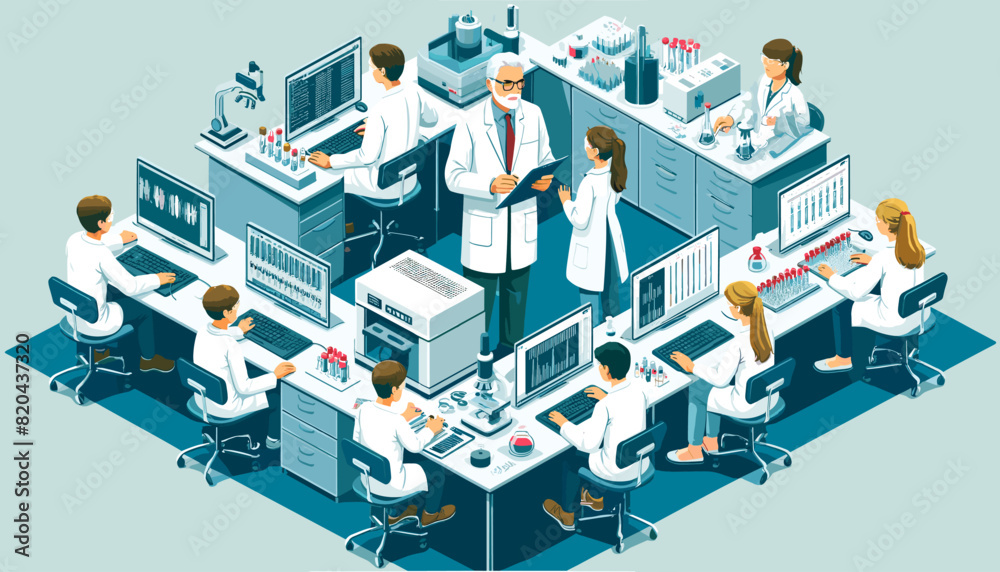 Concept of an image of a university laboratory doing research on genes. Vector illustration. Concept of an image of a university laboratory doing research on genes. Vector illustration.
