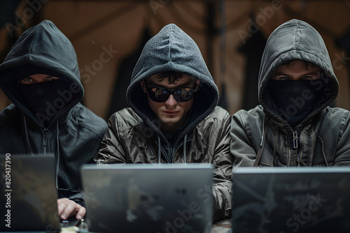 burglar with a laptop in the room, Hacker Group in Black Hoodies with Sunglasses 