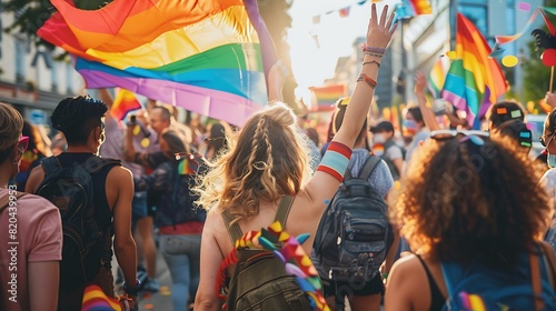 Group of friends marching in a pride parade, each waving a colorful pride flag enthusiastically photo