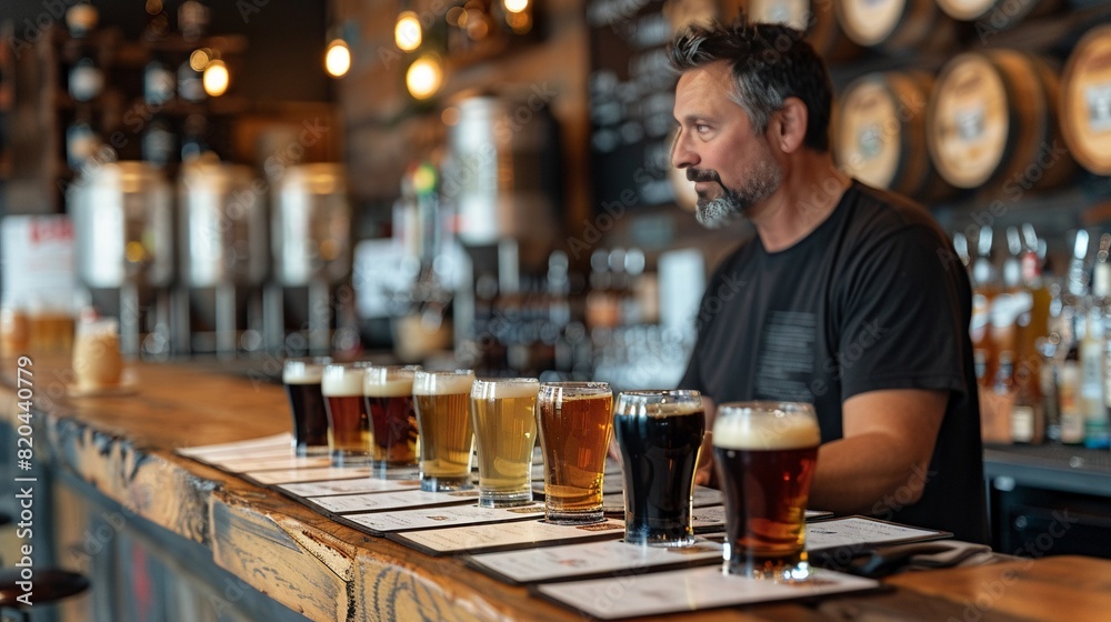 Guided beer tasting setup with multiple beer flight samplers on a wooden table, accompanied by tasting notes and a knowledgeable guide explaining each brew Guided beer tasting setup with multiple beer flight samplers on a wooden table, accompanied by tasting notes and a knowledgeable guide explaining each brew