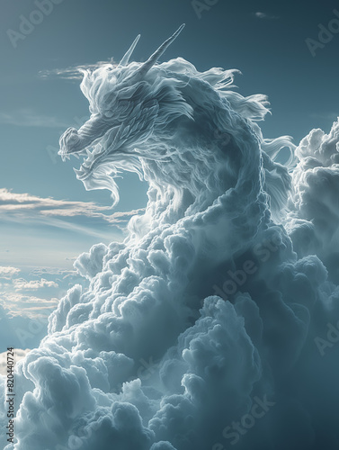 Majestic cloud formation resembling a dragon in the sky, captured in stunning detail against a clear blue backdrop.