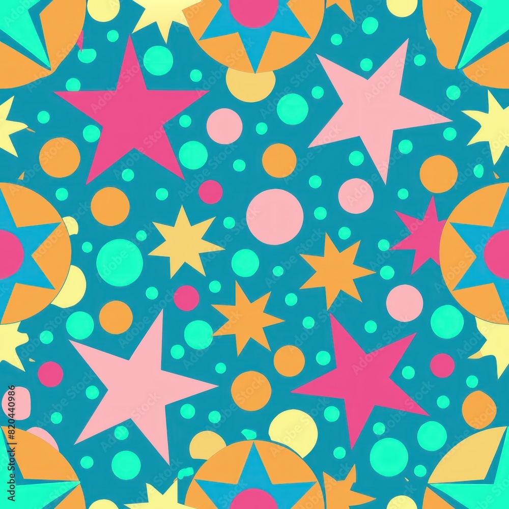Seamless pattern of retro-inspired polka dots and stars in bright, neon colors, perfect for a fun and playful gift wrap, Generative AI Seamless pattern of retro-inspired polka dots and stars in bright, neon colors, perfect for a fun and playful gift wrap, Generative AI