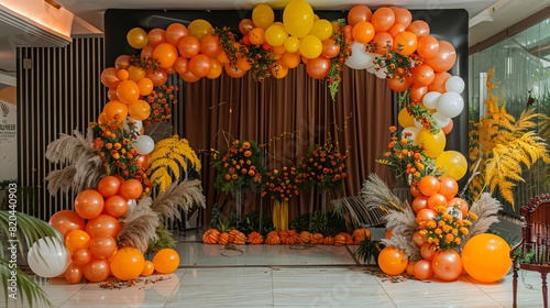 Vibrant Autumn Celebration Decor - Balloons, Photo Wall, and Decorative Arch for Weddings, Baptisms, and Birthdays