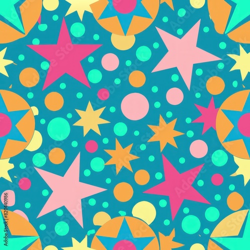 Seamless pattern of retro-inspired polka dots and stars in bright, neon colors, perfect for a fun and playful gift wrap, Generative AI