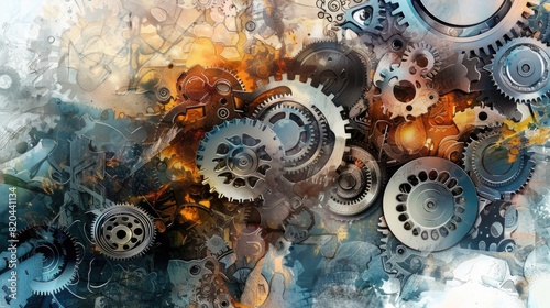 A painting of gears and cogs with a blue background photo