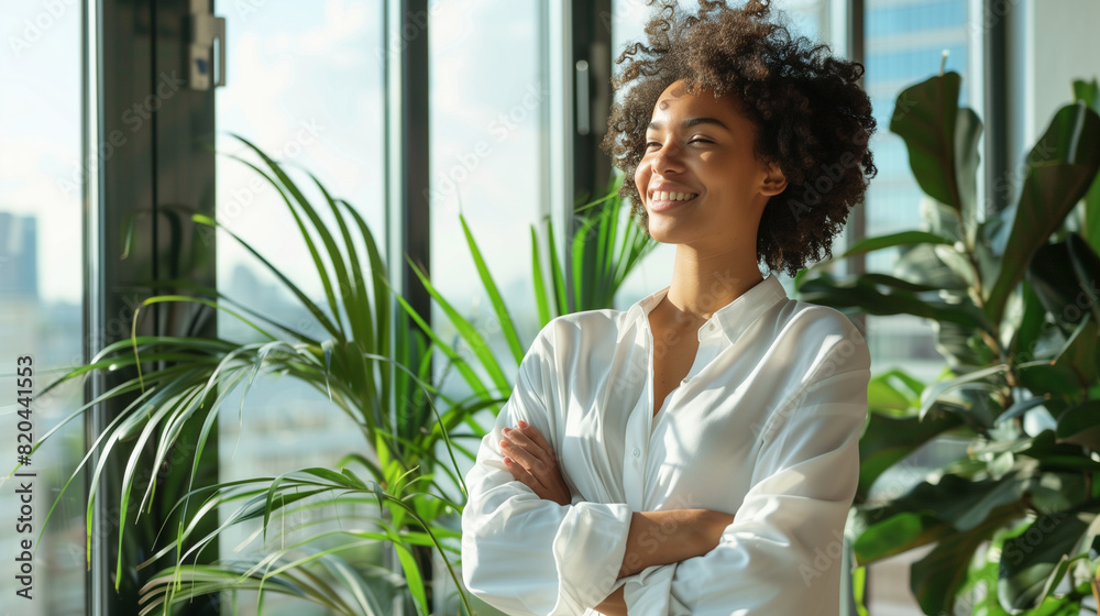 Confident woman standing by the window with folded arms Confident woman standing by the window with folded arms