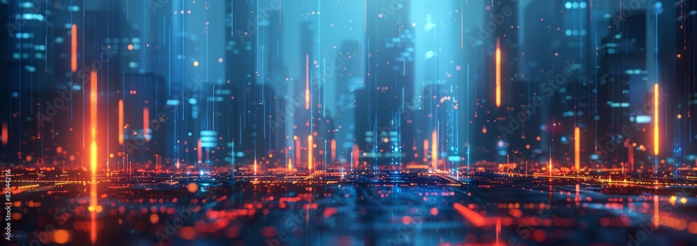 Abstract background of stock market or digital data with glowing light bokeh and pixelated effect. Digital technology concept Abstract background of stock market or digital data with glowing light bokeh and pixelated effect. Digital technology concept