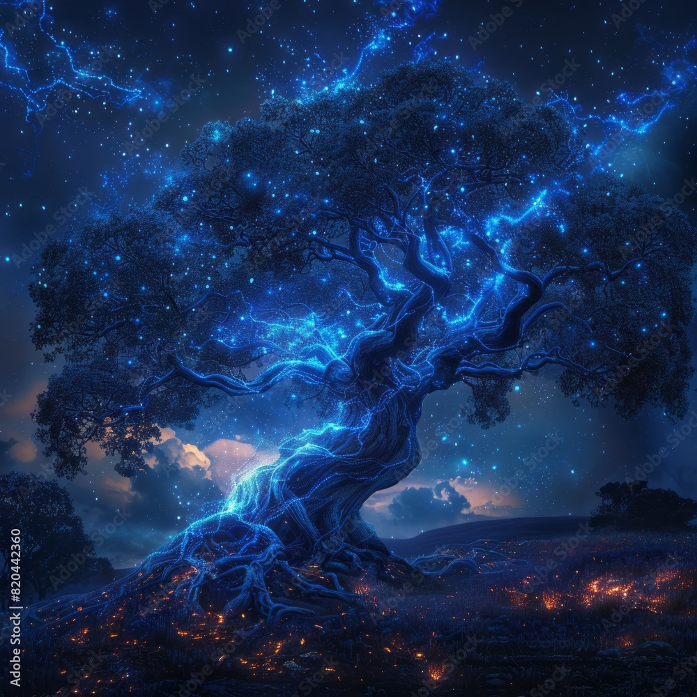 A colossal tree whose branches form a vast, interconnected network of glowing, bioluminescent pathways in the night sky.