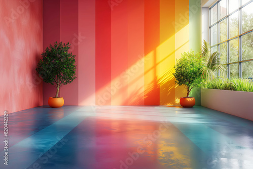 Vivid interior space with colorful wall stripes, large windows, sunlight, potted plants and a reflective floor creating a vibrant and serene ambiance.