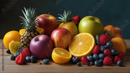Vibrant Fruit Display on Wooden Surface, A Colorful and Delicious Arrangement of Fresh Produce