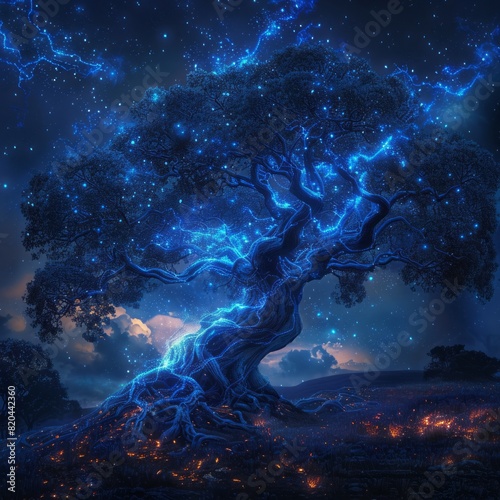 A colossal tree whose branches form a vast, interconnected network of glowing, bioluminescent pathways in the night sky.
