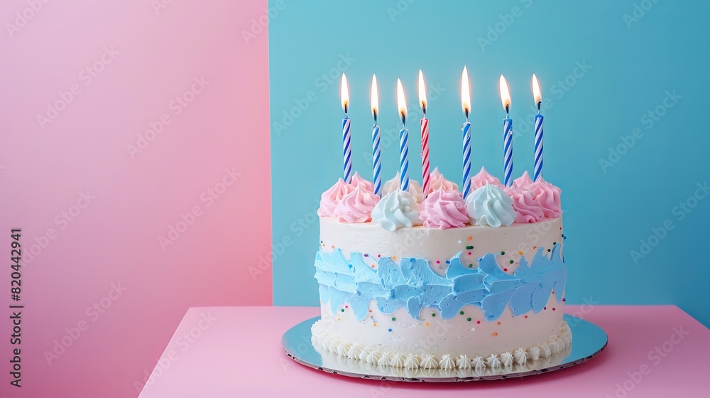 Birthday Cake with Lit Candles on Vibrant Blue and Pink Background