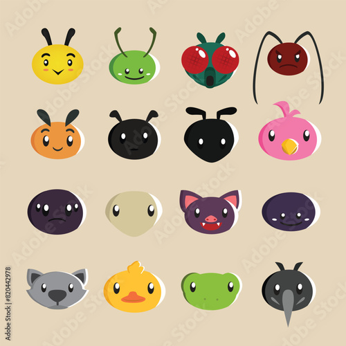 illustration of a collection of various 16 cute little animal heads for stickers