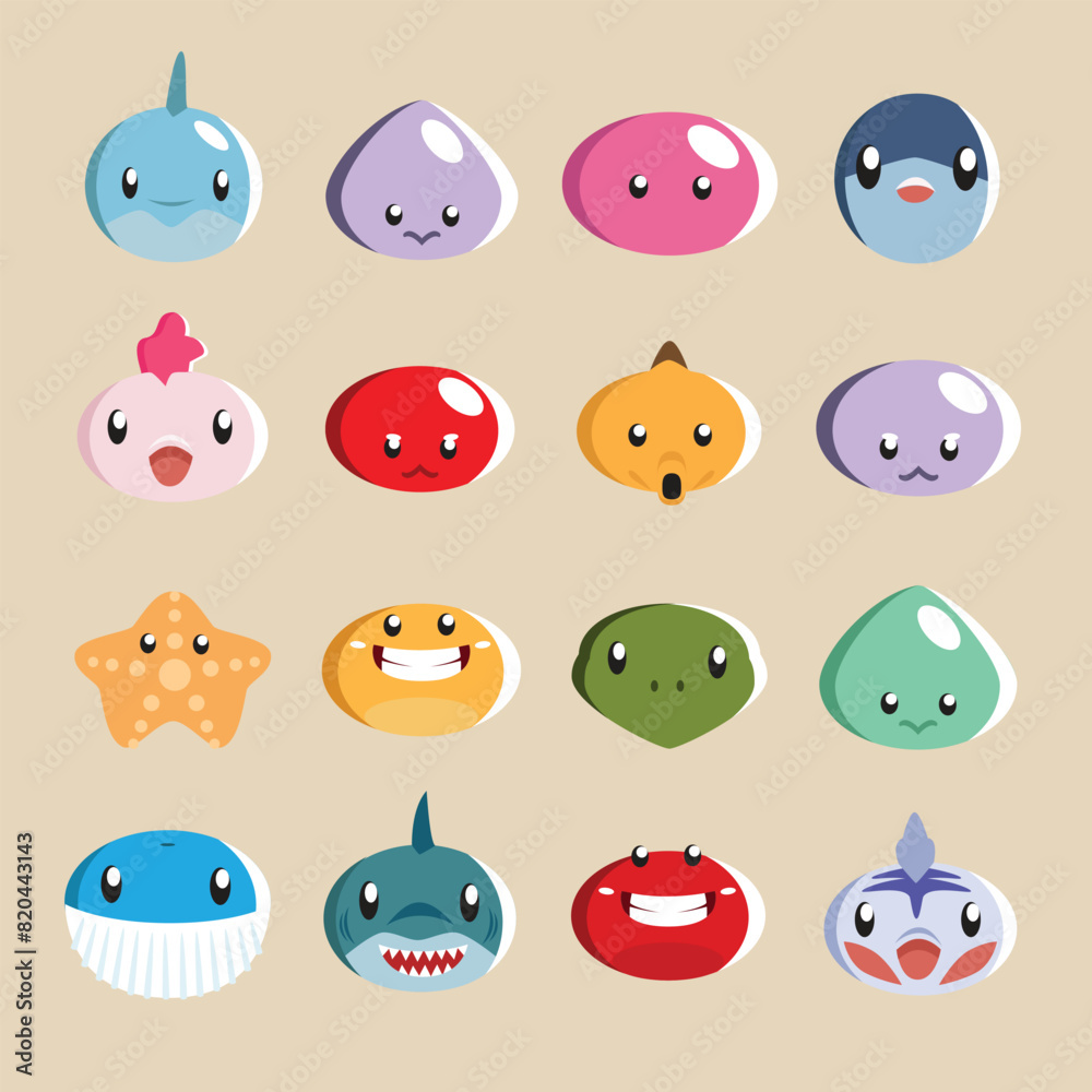 illustration of a collection of various 16 cute sea animal heads for stickers illustration of a collection of various 16 cute sea animal heads for stickers