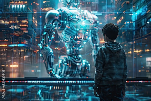 Boy Gazing at Futuristic Robotic Figure in Neon-Lit Sci-Fi Cityscape