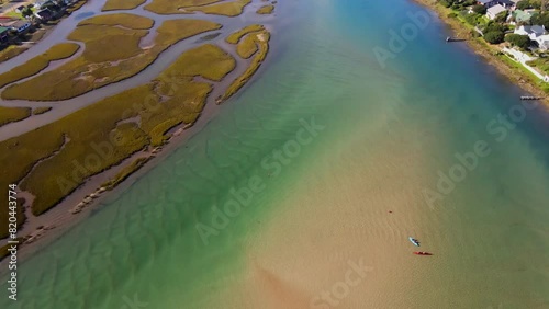 Aerial tilt-up view over idyllic Goukou river estuary with clear water, Stilbaai photo