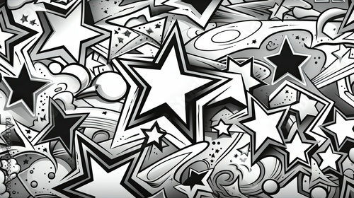 Dynamic monochrome starburst pattern with swirling cosmic elements creating a bold, energetic graphic background, perfect for contemporary design projects and digital art applications
