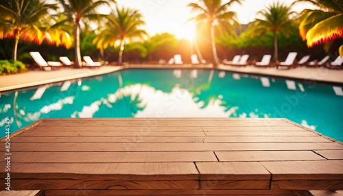 empty wooden table top set against a blurred  sunlit swimming pool background 