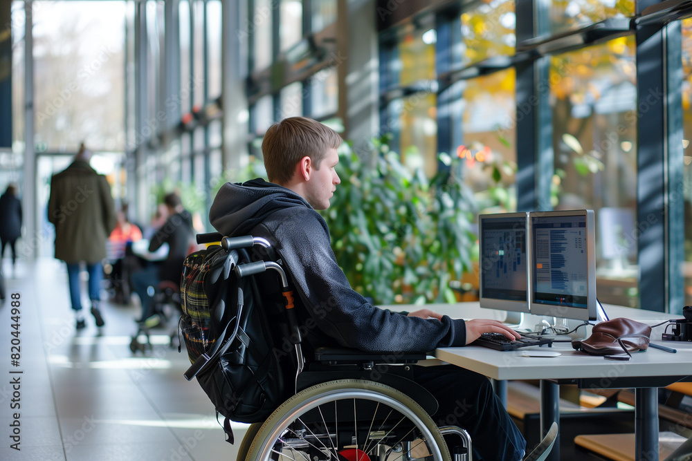 Disabled person worker in a wheelchair at office. Disabled person worker in a wheelchair at office.