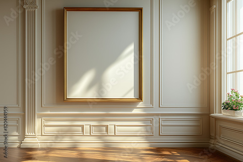 Elegant classic interior with sunlit empty picture frame and floral arrangement. High-quality image showcasing refined architecture and natural light.