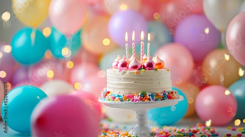 Birthday Celebration Scene with Colorful Balloons Background and Cake with Lit Candles - Festive Party Concept