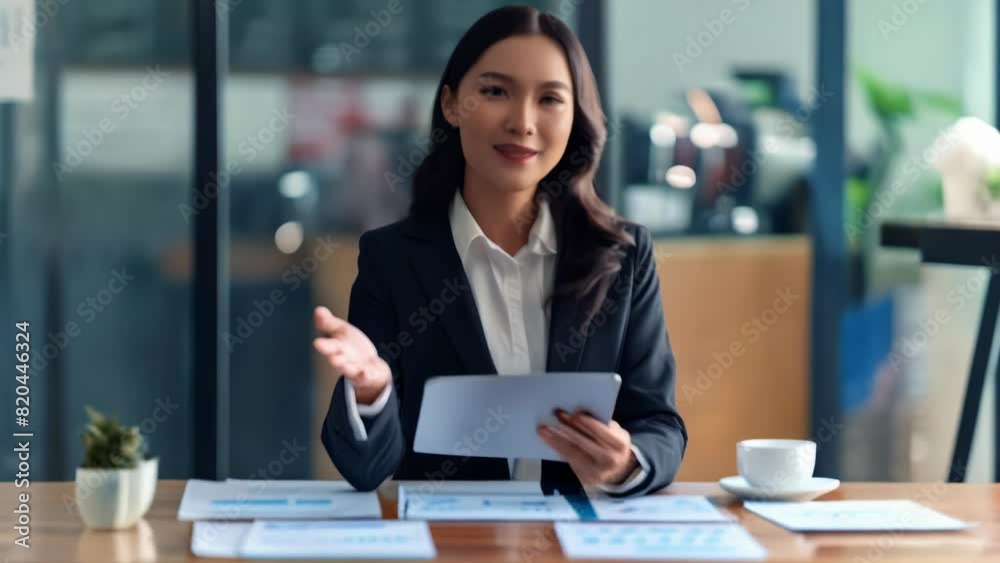 A businesswoman in a suit working on a tablet at a desk, surrounded by documents, a potted plant, and a coffee cup. She smiles confidently, highlighting themes of professionalism, technology. A businesswoman in a suit working on a tablet at a desk, surrounded by documents, a potted plant, and a coffee cup. She smiles confidently, highlighting themes of professionalism, technology.