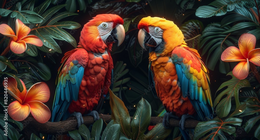 Obraz premium Exotic colorful background with macaws in the jungle surrounded by lush vegetation and blooming flowers