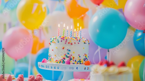 Birthday Celebration Scene with Colorful Cake and Balloons - Festive Party Background