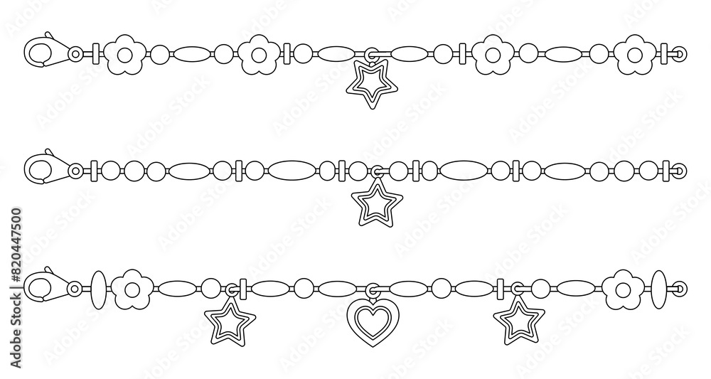 Fototapeta premium Set of beads bracelets outline. Cartoon cute bracelets made of beads. Friendship retro bracelets isolated on white background. Kid's jewelry