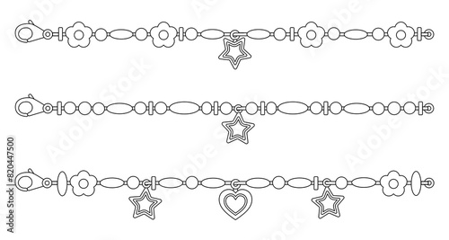 Set of beads bracelets outline. Cartoon cute bracelets made of beads. Friendship retro bracelets isolated on white background. Kid's jewelry