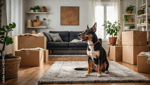  Pets dog moving to new home. Stack of cardboard boxes and dog sitting near cardboard box. Relocation, renovation, delivery service, donation concept photo