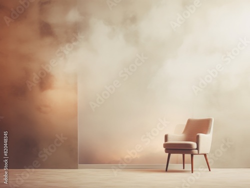 A minimalist chair against a dreamy  hazy wall backdrop. Soft lighting adds a serene and contemplative atmosphere to the scene.