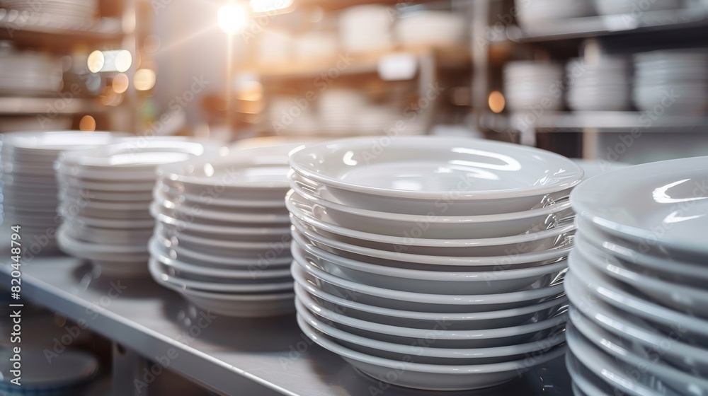 Cinematic side view of stacked white plates on an empty table with soft lighting, shallow depth of field, and soft focus, creating an elegant atmosphere highlighting food presentation Cinematic side view of stacked white plates on an empty table with soft lighting, shallow depth of field, and soft focus, creating an elegant atmosphere highlighting food presentation