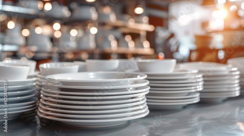 Cinematic side view of stacked white plates on an empty table with soft lighting, shallow depth of field, and soft focus, creating an elegant atmosphere highlighting food presentation