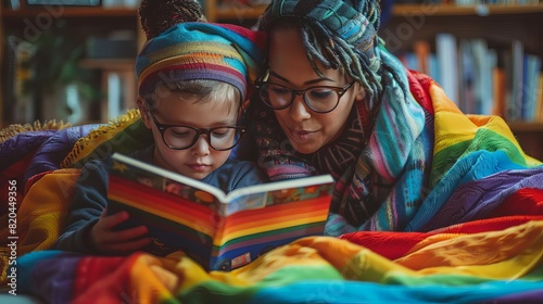 Tender LGBTQ family cuddling on a cozy rainbowthemed blanket while reading bedtime stories to their son, age 1, Leica Q3 photography, Pride theme, Midjourney