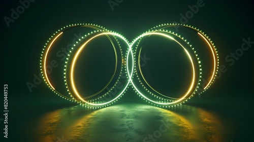 Glowing Green and Gold Neon Lines Form Circular Pattern on Black Background