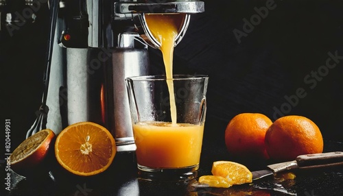 juicer in the kitchen, juice is being put in a glass on a black background from below photo