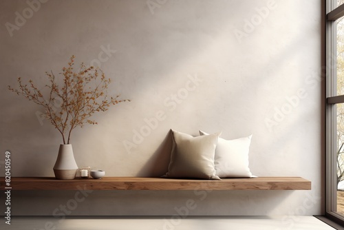 Minimalist interior design featuring wooden shelf with cushions and a vase in soft sunlight. Perfect for modern, cozy home decor inspiration. photo