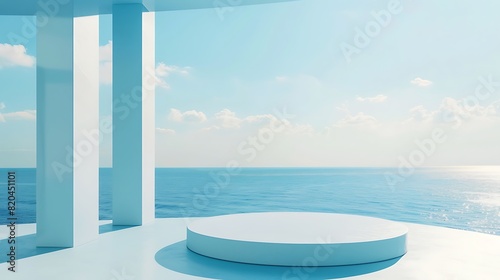 blue color podium resting elegantly on a pristine white table, evoking images of sunny shores and gentle melodies.