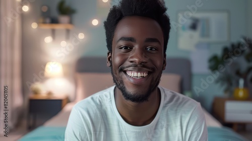 A close up view of a black man's laughing expression making a video call from inside his room.