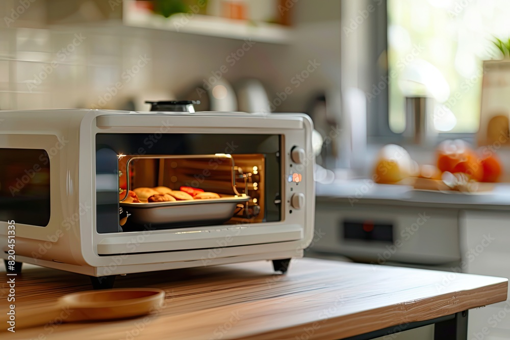 Portable toaster oven set on a charming wood table with subtle blur. Portable toaster oven set on a charming wood table with subtle blur.