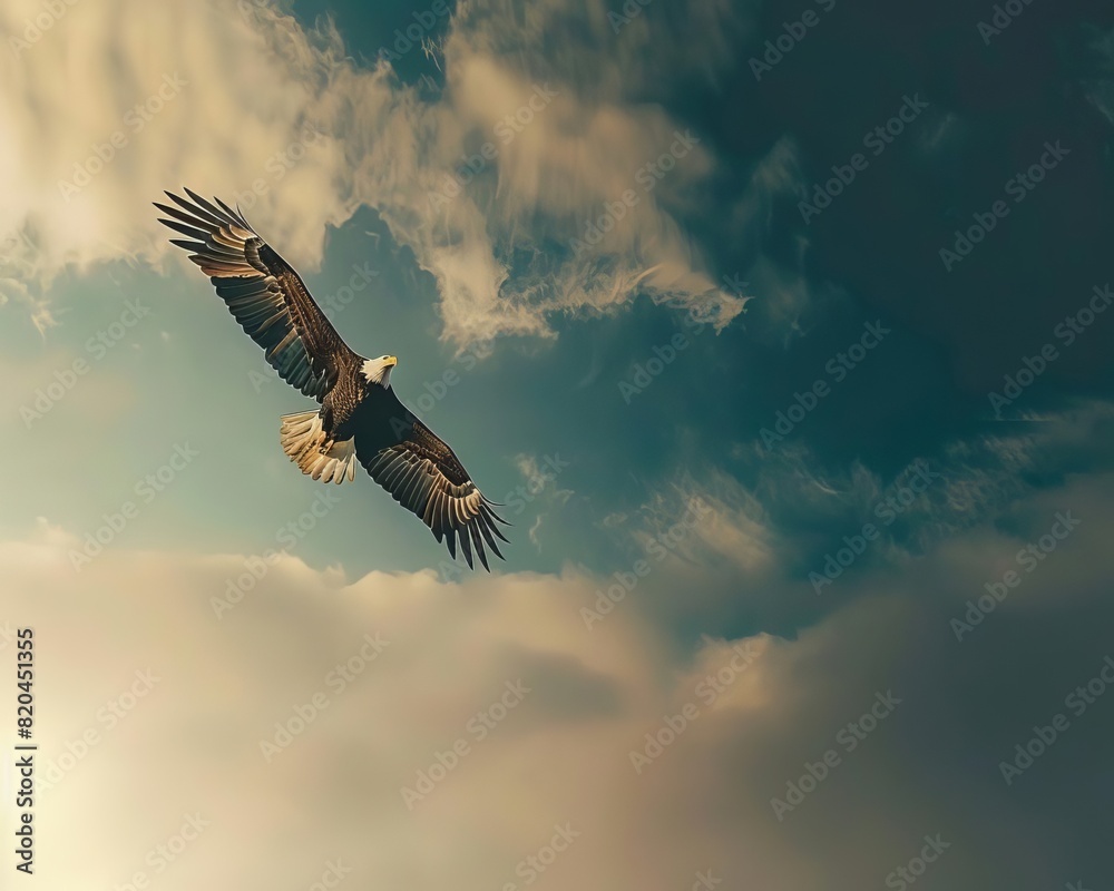 Obraz premium Desktop wallpaper design for Independence Day, featuring an eagle soaring across a flag themed sky, no people, copy-space, High resolution
