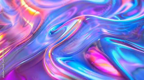 Vibrant Fluid Holographic Texture Background. Dynamic holographic texture with a glossy finish, blending electric blue, neon pink, and bright purple in a liquid-like pattern